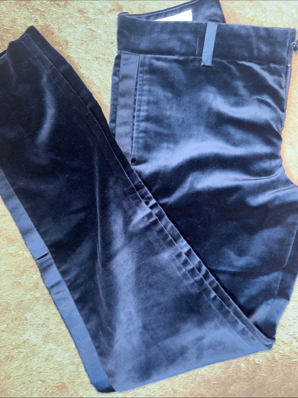 Boys Navy Corduroy Tuxedo Pants with Satin Stripe